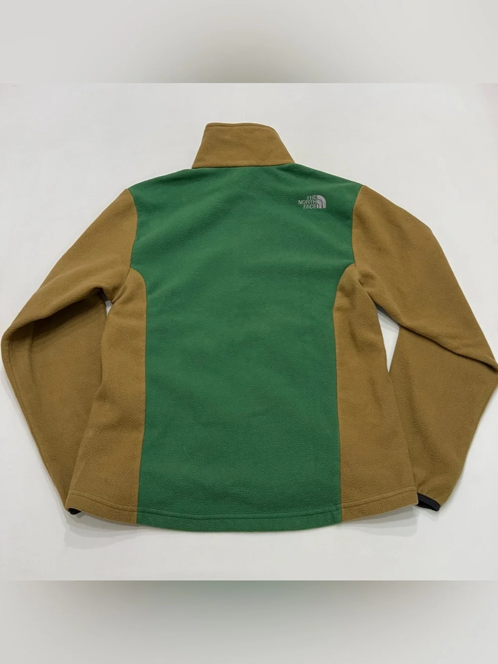 The North Face Full Zip Fleece Sweater Green Tan Color Block Men's Size Small